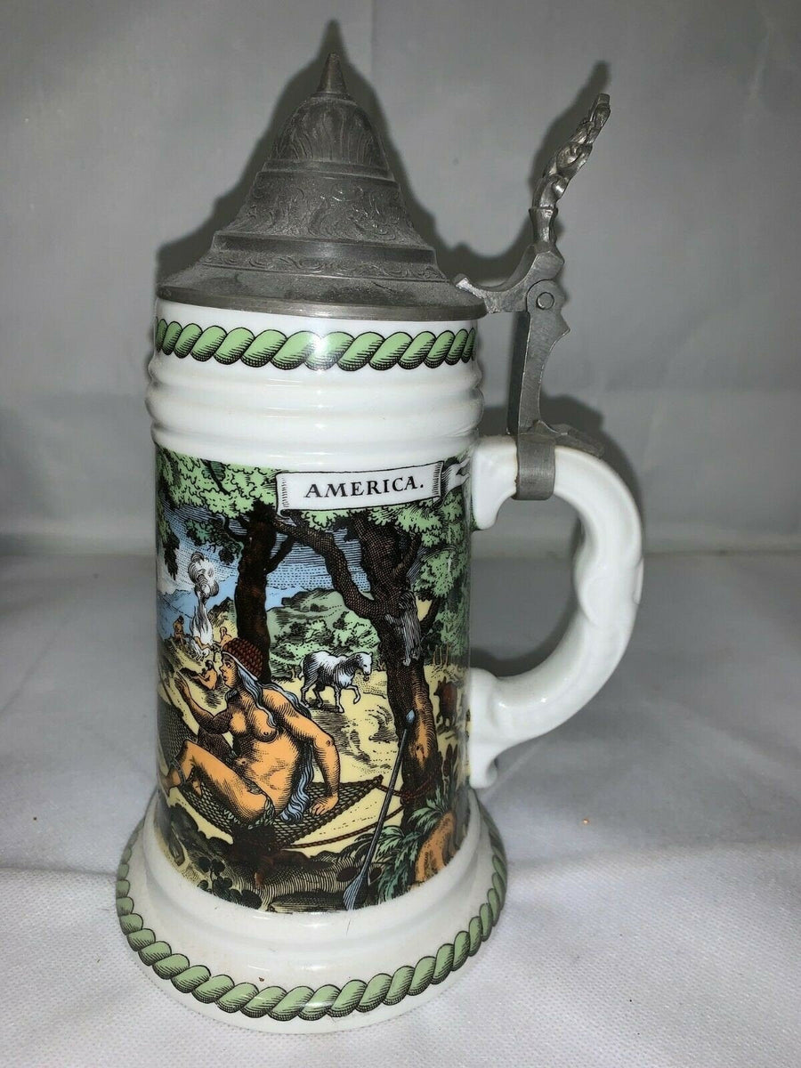 Vintage White German Porcelain America Christopher Columbus Lidded Stein