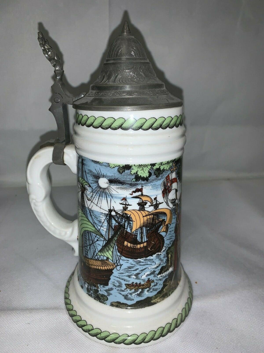 Vintage White German Porcelain America Christopher Columbus Lidded Stein