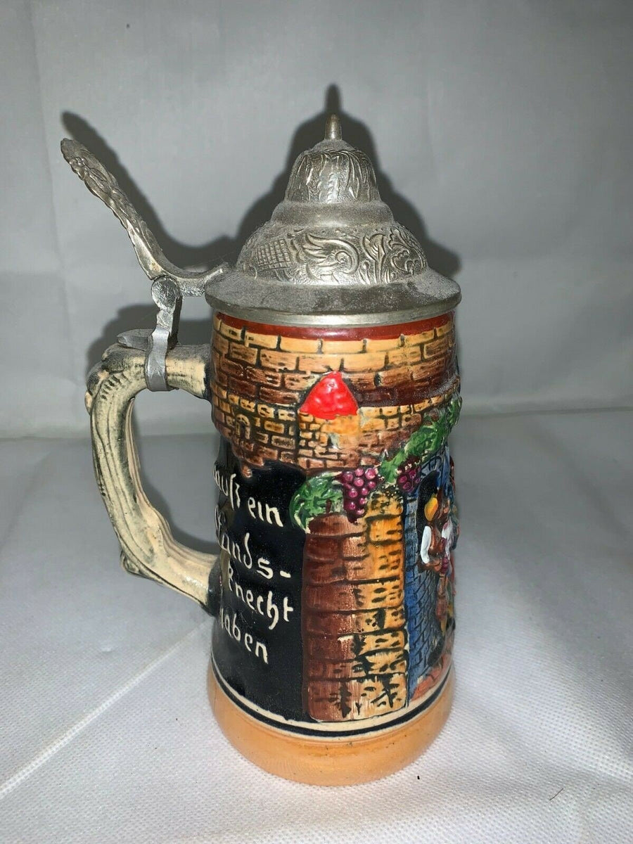 Vintage Khich + Hieb Und Ein Lieb Small 7 inch Lidded Stein Stamped Germany