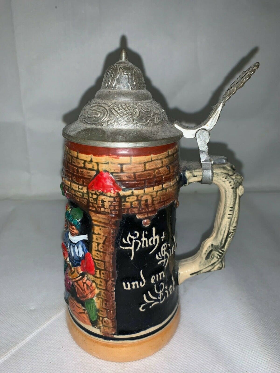 Vintage Khich + Hieb Und Ein Lieb Small 7 inch Lidded Stein Stamped Germany