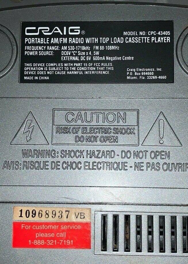 Vintage Craig Portable AM/FM Radio with Loading Cassette Player Model CPC-43405