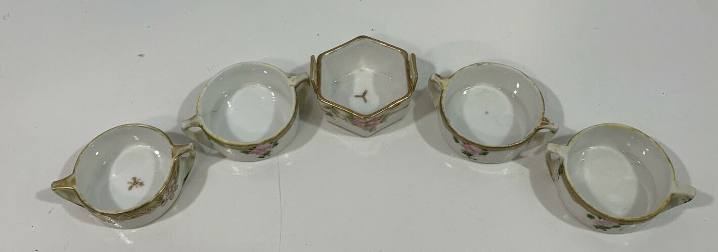 Nippon HandPainted Salt Cellars Salt Dishes Gold Floral Pattern Hexagon Lot of 5