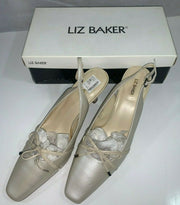 Vintage Liz Baker Silver Women's Size 10 Square Toe w/ Bow Shoes & Ankle Strap