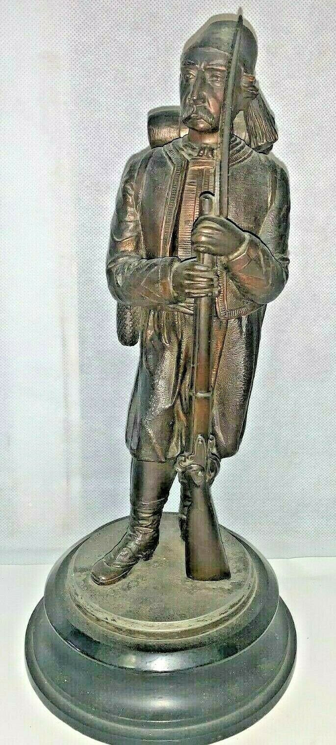 Vintage Turkish Military Bronze Statue Figure with Fez Hat in Uniform