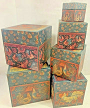 Vintage Bob's Boxes Rise and Shine Roosters Square Lidded Boxes Stack of 6