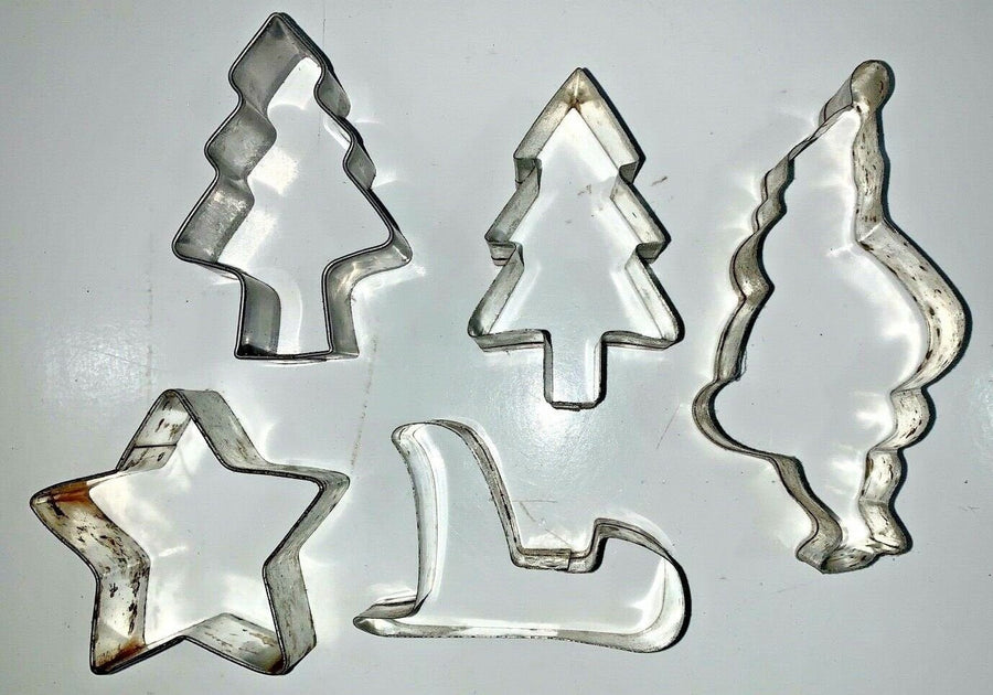 Set of 5 Vintage Metal Christmas Cookie Cutters Santa Tree Star Sleigh