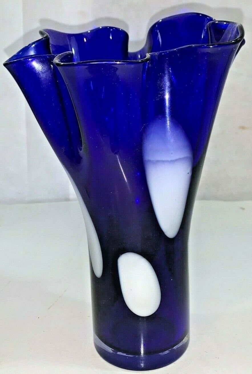 Vintage Mid Century Modern Blown Blue Dotted Glass Fluted Ruffled Vase