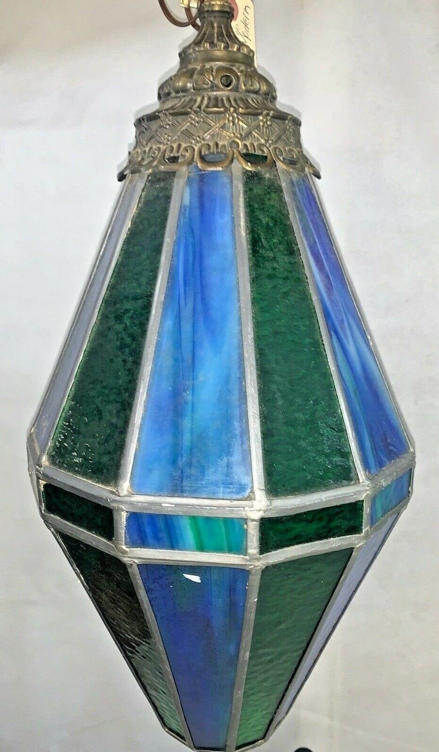 Vintage Mid Century Leaded Stained Slag Glass Diamond Hanging Light Lamp Fixture