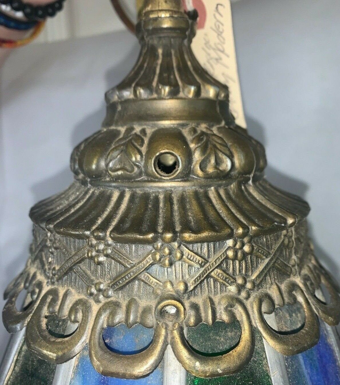 Vintage Mid Century Leaded Stained Slag Glass Diamond Hanging Light Lamp Fixture