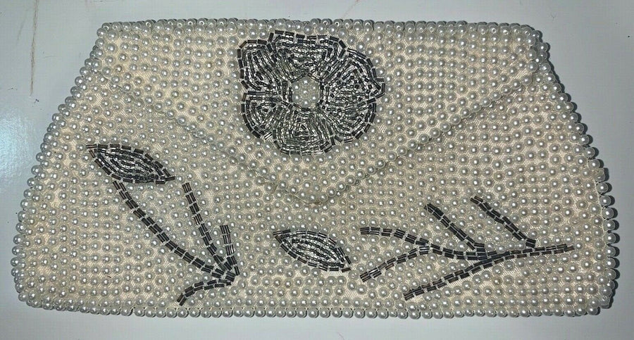 Vintage Made in Japan Pearl Beaded White Silver Flowered Purse Clutch