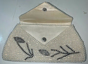 Vintage Made in Japan Pearl Beaded White Silver Flowered Purse Clutch