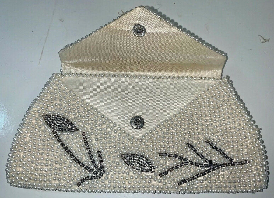 Vintage Made in Japan Pearl Beaded White Silver Flowered Purse Clutch