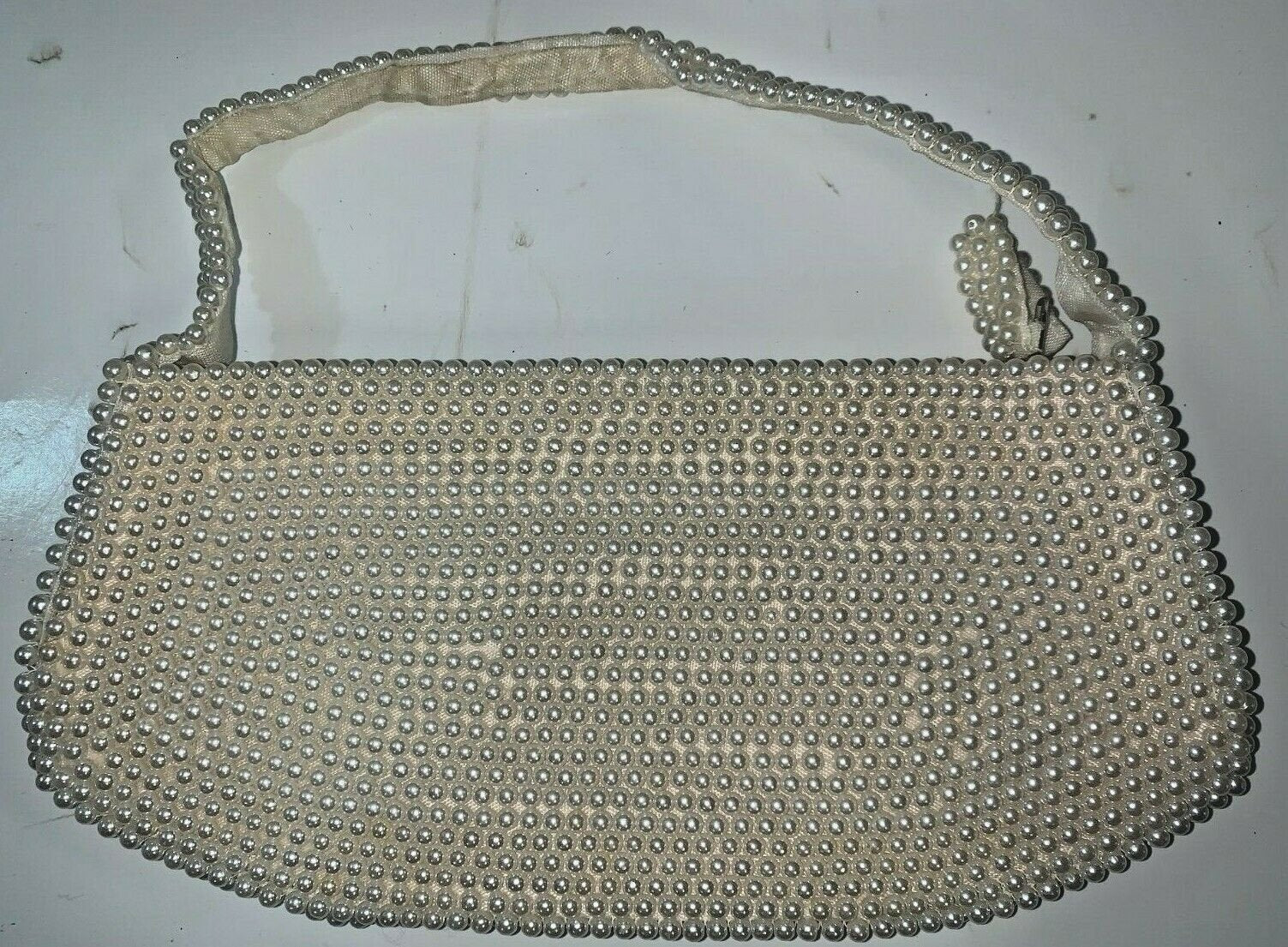 Vintage Made in Japan Pearl and Silver Beaded Purse Hand Bag Clutch