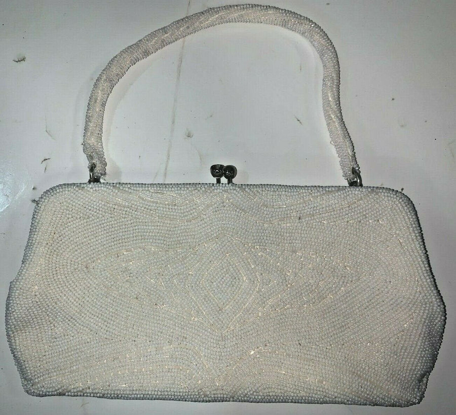Vintage Richere Walborg White Beaded Purse Hand Bag with Handle