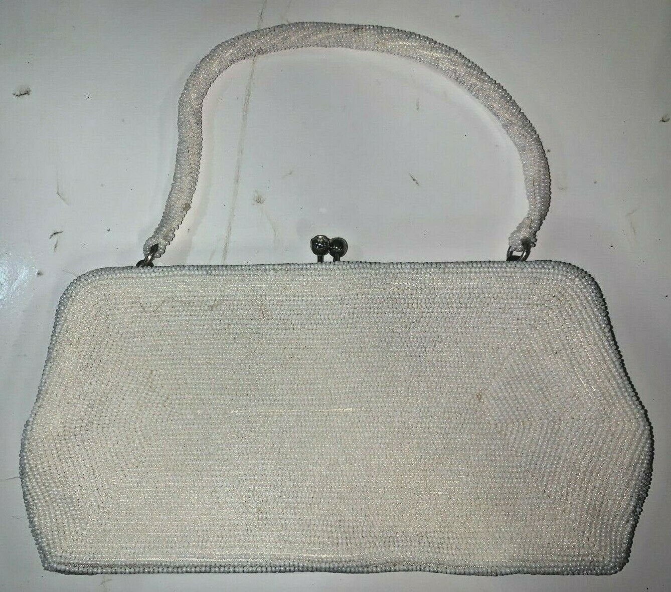 Vintage Richere Walborg White Beaded Purse Hand Bag with Handle