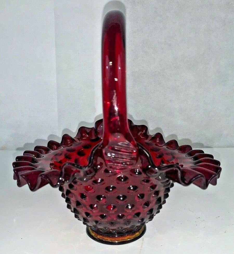 Vintage Fenton Cranberry Ruby Red Hobnail Handled Basket