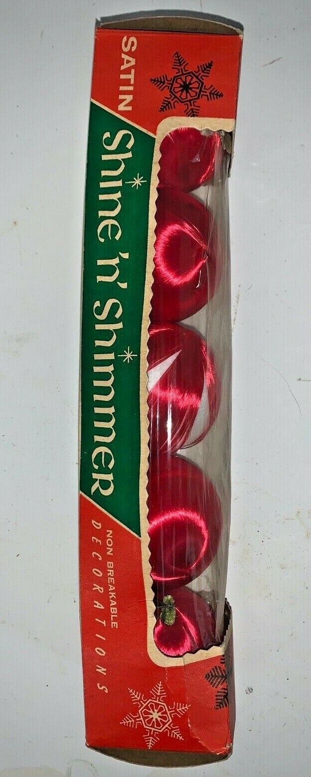 Vintage Satin Shine n Shimmer Red Non Breakable Christmas Ornaments in Box 5 Pc