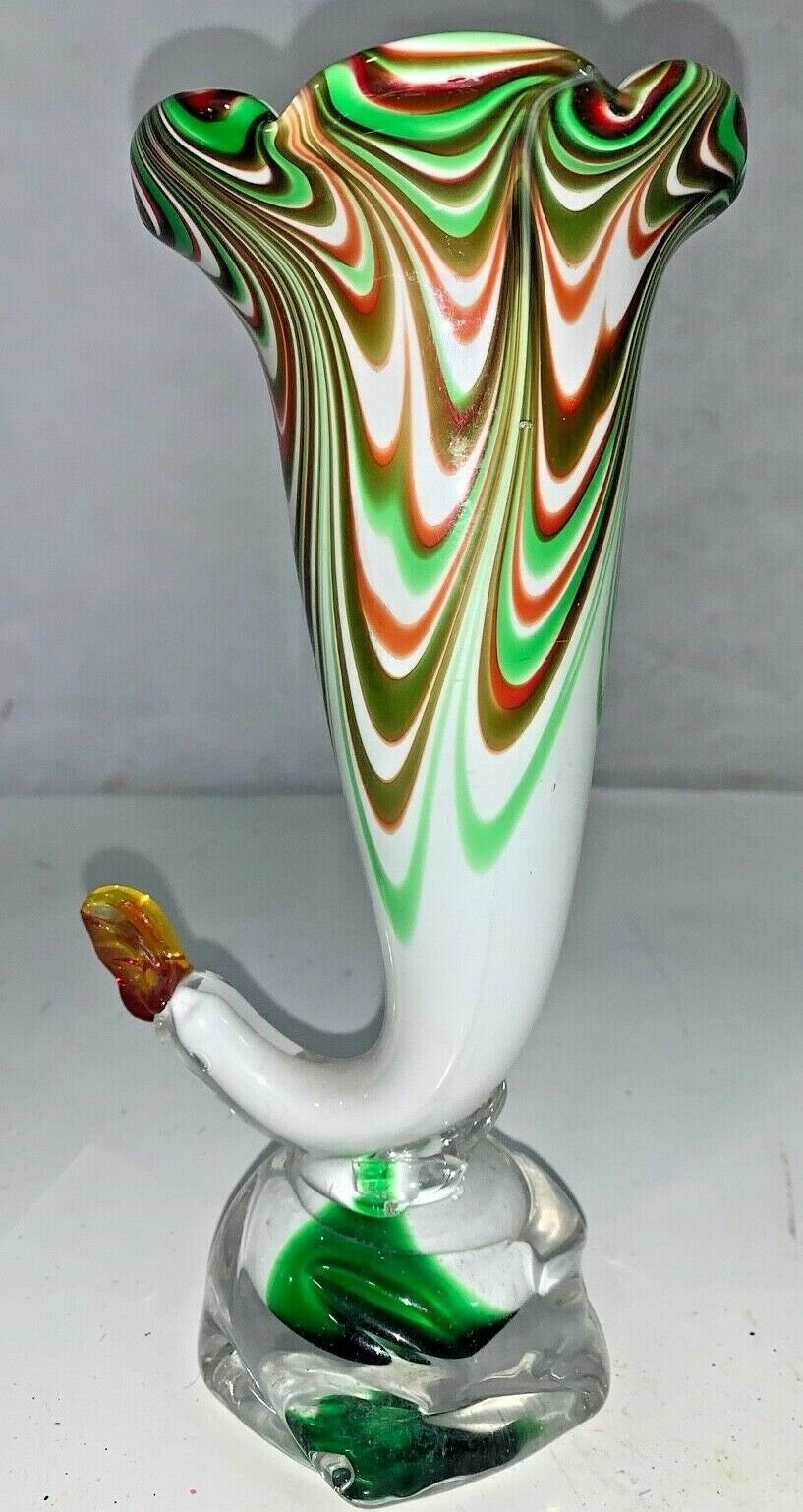 Vintage Murano Swirl Glass 9 Inch Horn Vase Orange Gren White