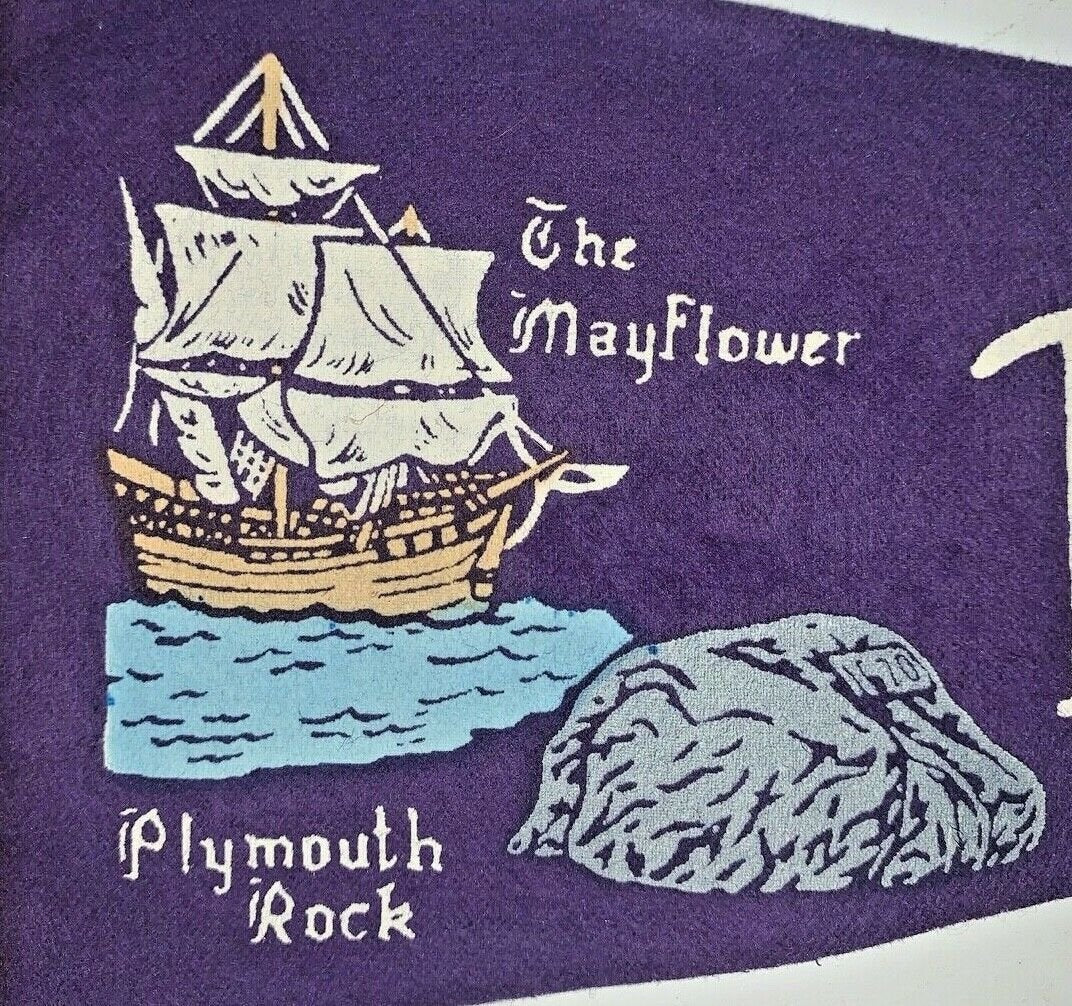 Vintage Plymouth Mass Massachusetts The Mayflower Rock Purple Felt Pennant