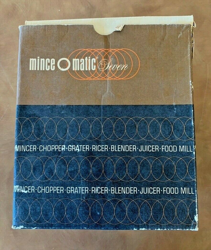 1965 POPEIL MINCE-O-MATIC SEVEN APPLIANCES IN ONE WITH ORIGINAL BOX