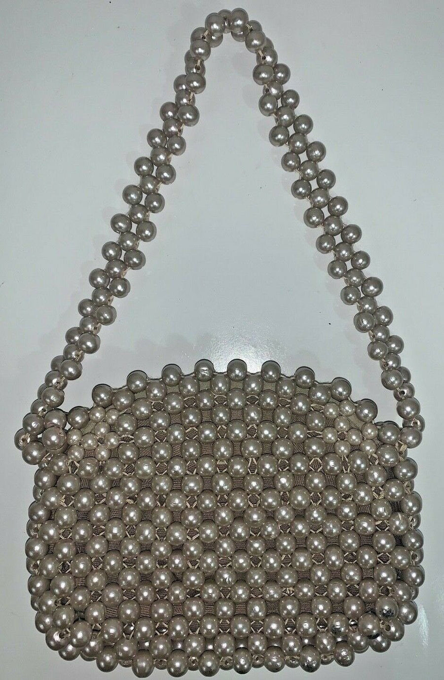 Vintage Cream Wooden Pearl Beaded Purse Handbag Made in Japan