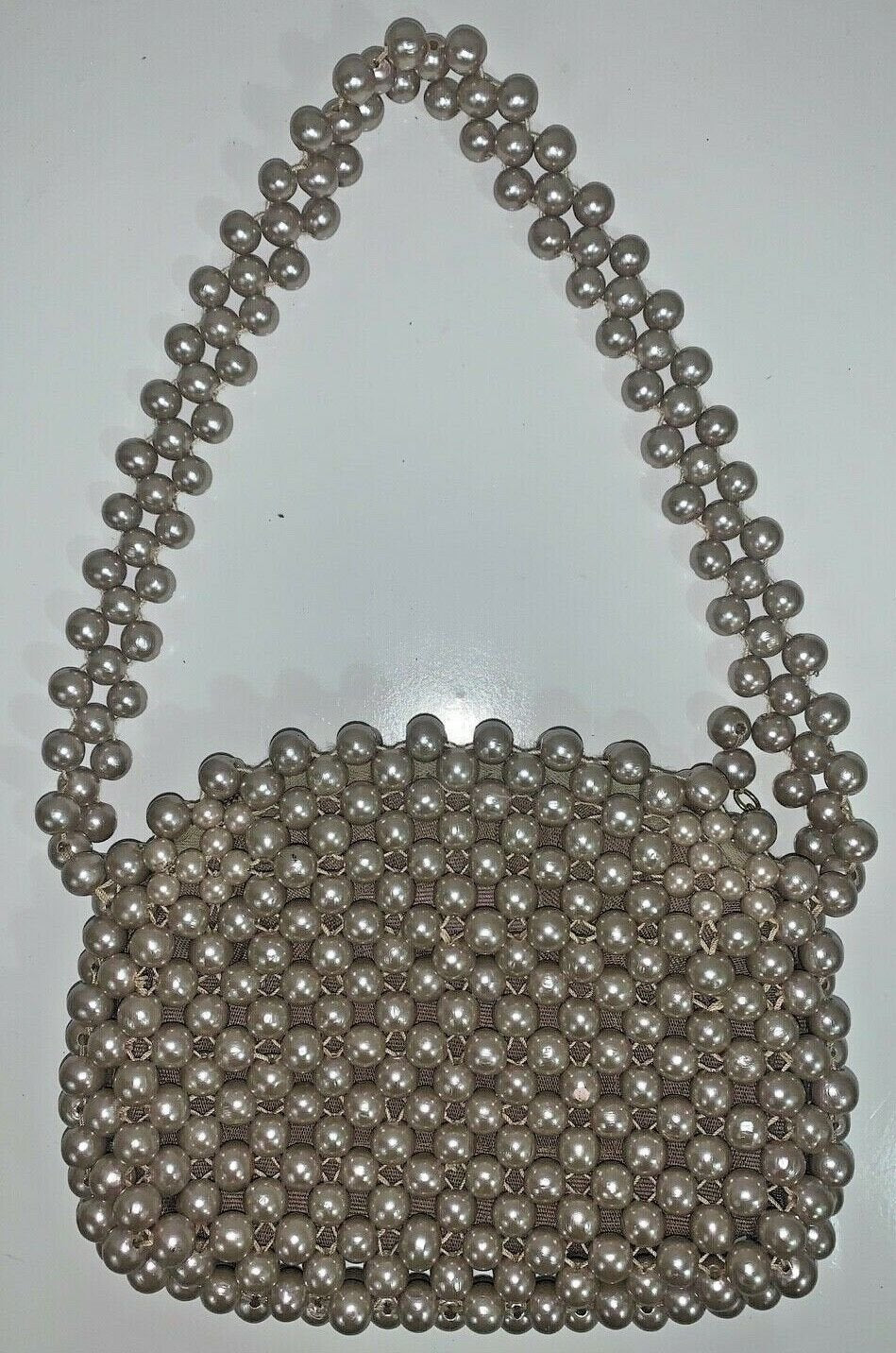 Vintage Cream Wooden Pearl Beaded Purse Handbag Made in Japan