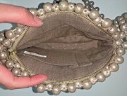 Vintage Cream Wooden Pearl Beaded Purse Handbag Made in Japan