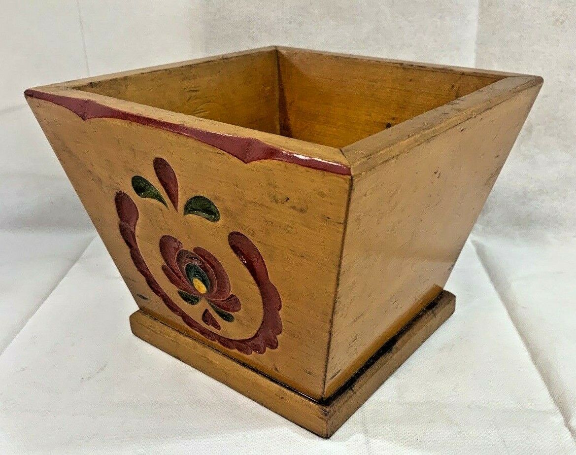 Vintage Hand carved MCM mid century modern wooden planter w/ Red and Green paint