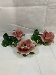 Lot of 3 Capodimonte Italy Rose Flower Candle Holder Candelabra Figurines