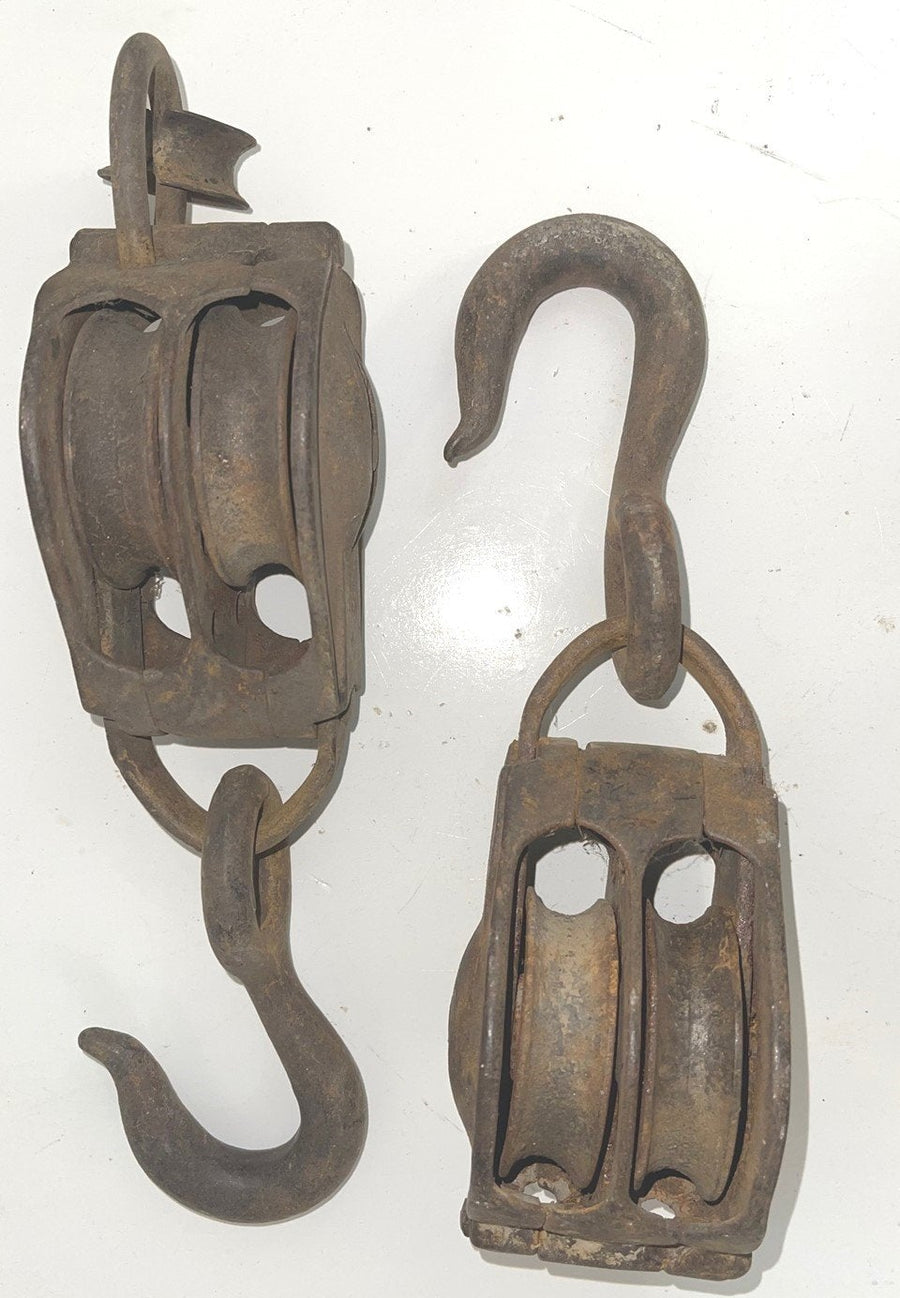 Vintage Metal Large Hook Pair of Wheel Pulleys