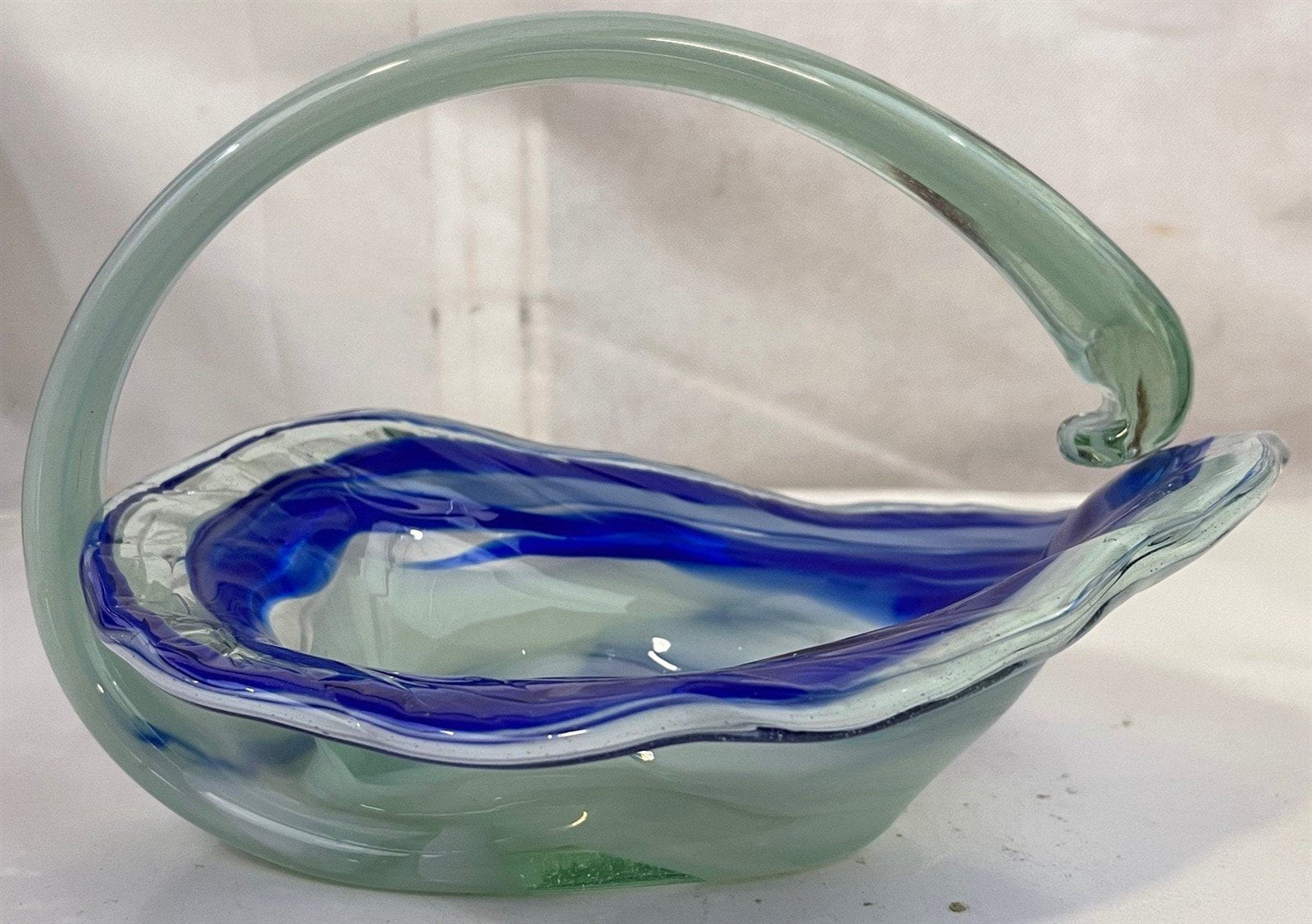 Vintage Murano Blue Aqua Art Glass Handled Candy Dish Basket