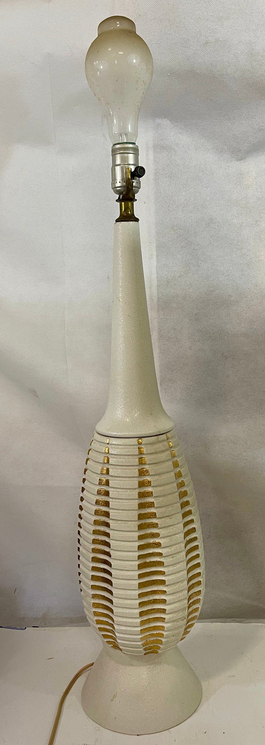 Mid Century Modern White and Gold Ribbed Table Lamp 33.5 inch