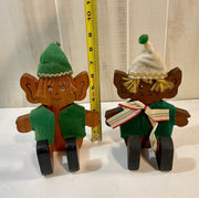 Vintage 9 inch Wooden Pair of Christmas Elf Elves