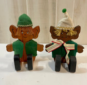 Vintage 9 inch Wooden Pair of Christmas Elf Elves