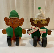 Vintage 9 inch Wooden Pair of Christmas Elf Elves