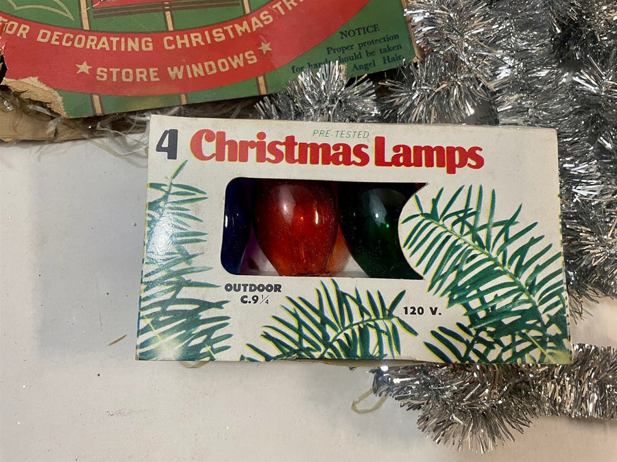 Mid Century 5 Piece Christmas Decoration Lot Garland Bulbs And Vintage Tinsel