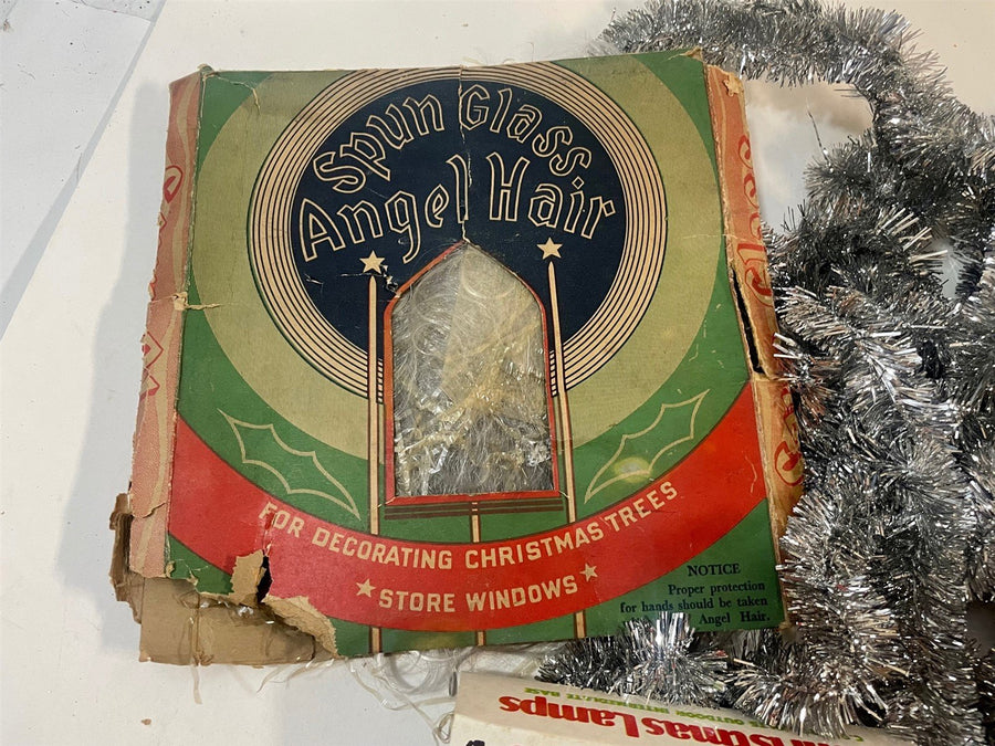 Mid Century 5 Piece Christmas Decoration Lot Garland Bulbs And Vintage Tinsel