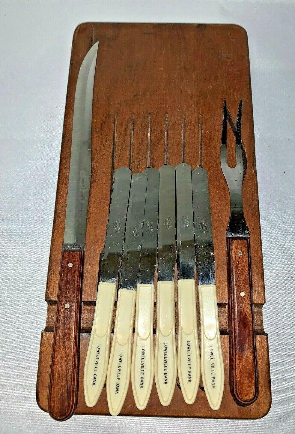 Mid Century Modern Lowellville Ohio Bank Set of 8 Silverware in Wood