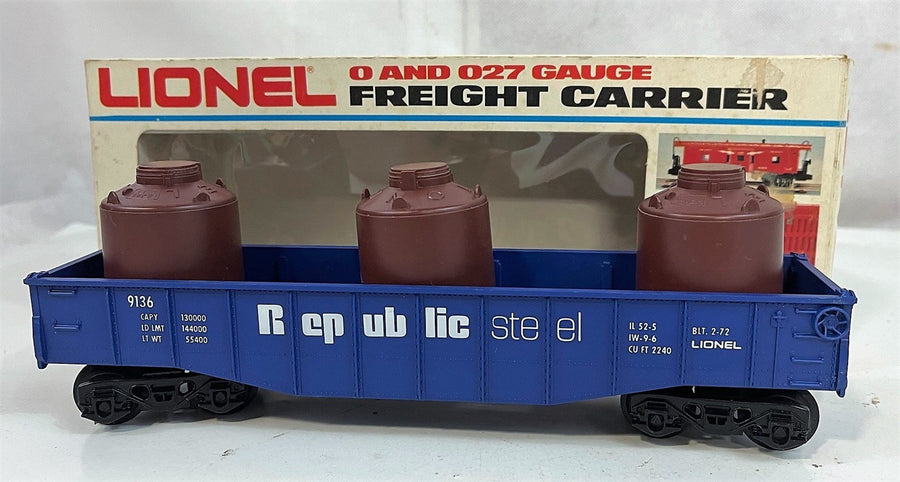 New Old Stock Lionel 6-9136, Republic Steel Gondola, O Scale w/3 Containers