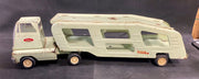 Vintage Tonka Car Hauler, Green Metal Tractor Trailer, Pressed Steel Toy Truck