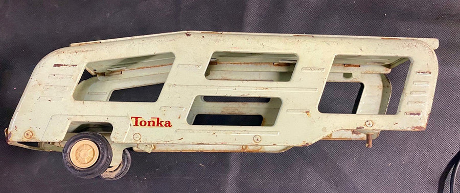 Vintage Tonka Car Hauler, Green Metal Tractor Trailer, Pressed Steel Toy Truck