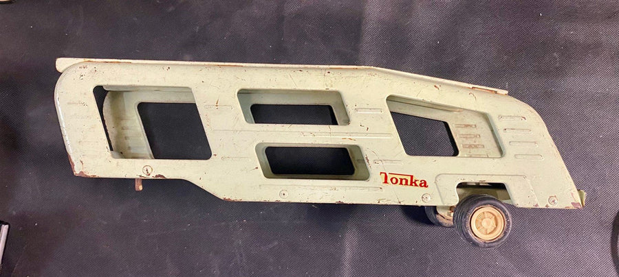 Vintage Tonka Car Hauler, Green Metal Tractor Trailer, Pressed Steel Toy Truck
