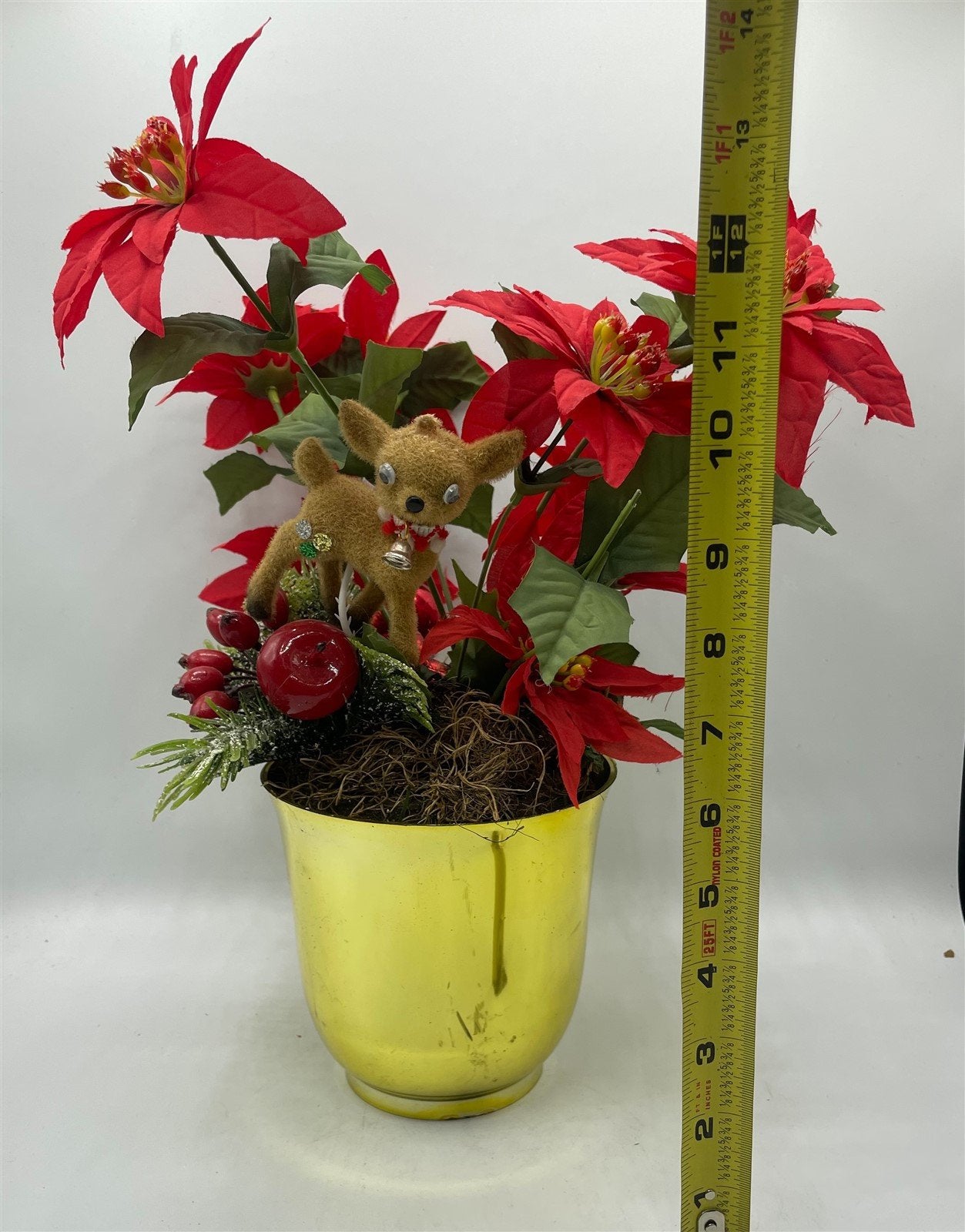 Christmas Poinsettia Floral Arrangement With Vintage Deer Gold Planter