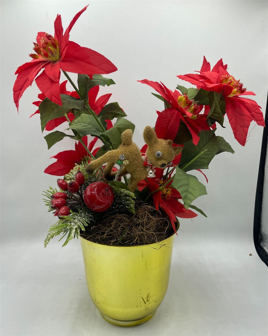Christmas Poinsettia Floral Arrangement With Vintage Deer Gold Planter