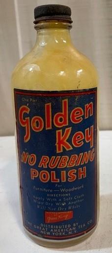 Vintage The Great American Tea Co Golden Key No Rubbing Polish Bottle