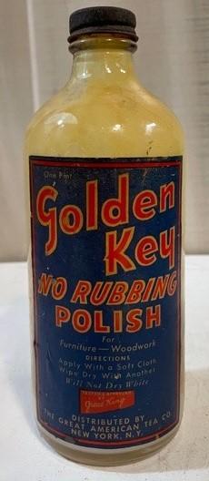 Vintage The Great American Tea Co Golden Key No Rubbing Polish Bottle