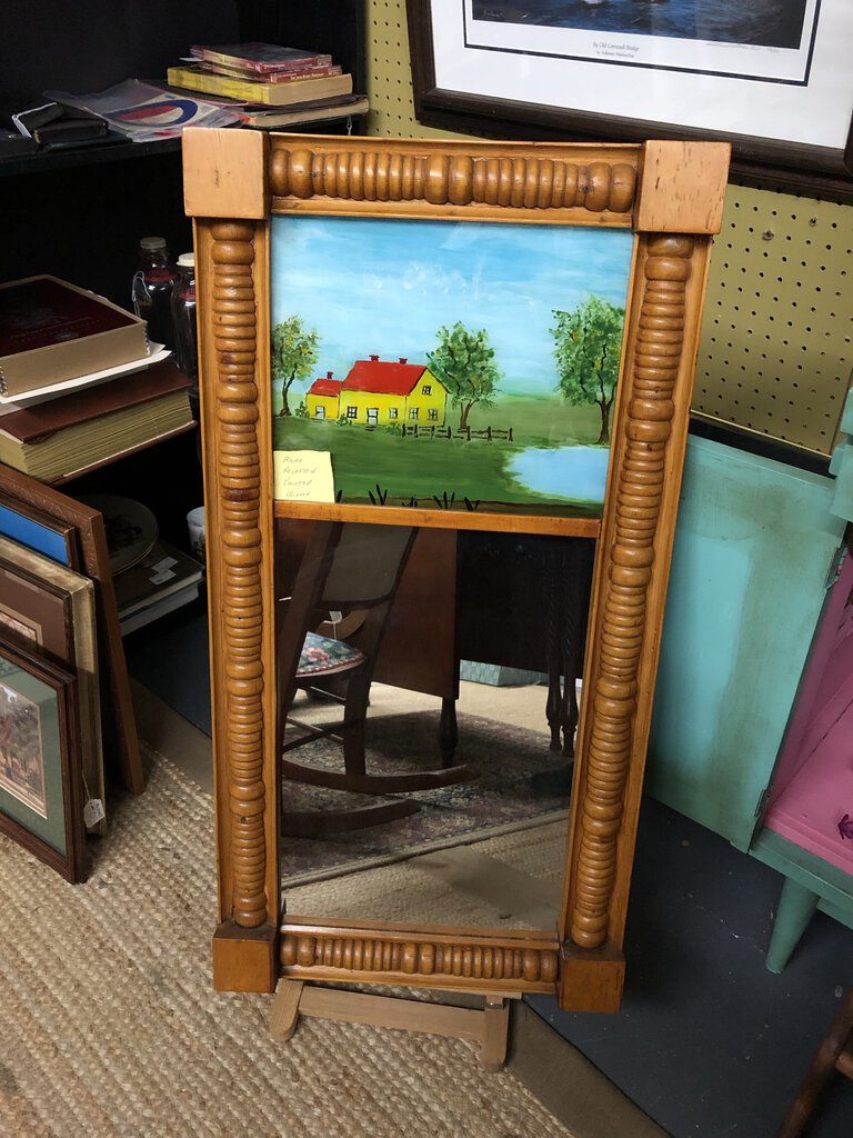 Rare Reverse Painting with Mirror. Solid Maple Frame.