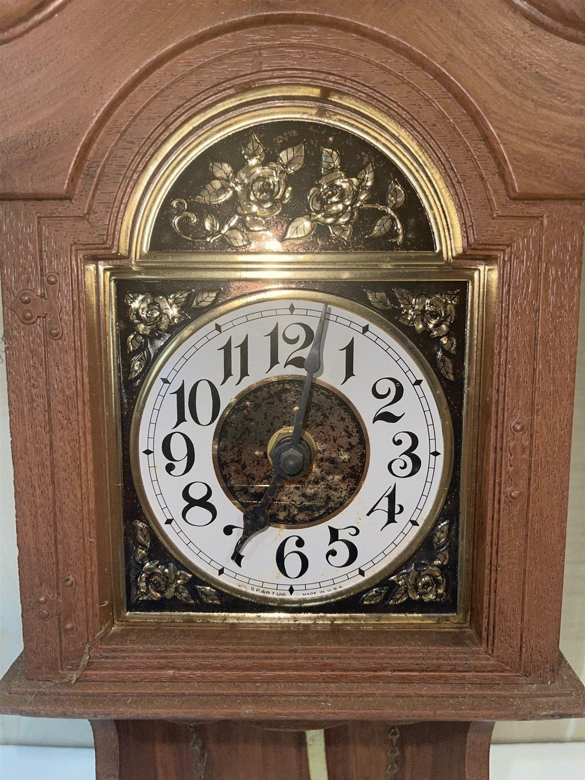 Vintage Spartus USA Brown Wooden 16 inch Mini Grandfather Wall Clock