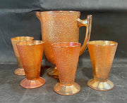 Carnival Glass Marigold Antique Orange Pitcher and Glasses Set