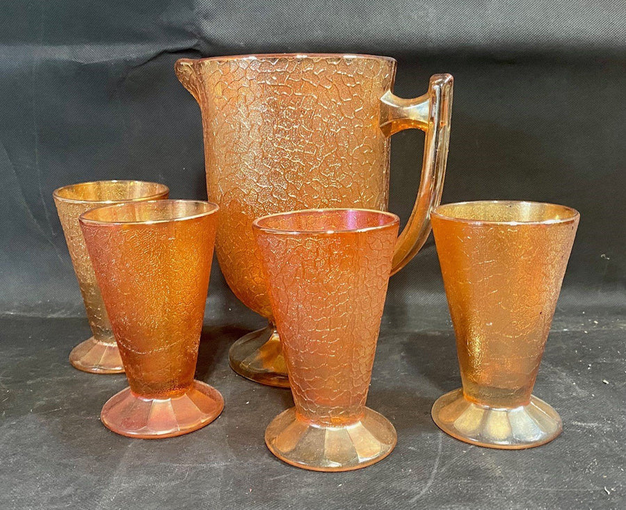 Carnival Glass Marigold Antique Orange Pitcher and Glasses Set
